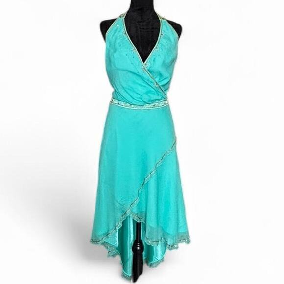 Laundry by Shelli Segal Silk Aqua Beaded Halter Dress Size 4 Bias Cut - Picture 1 of 8